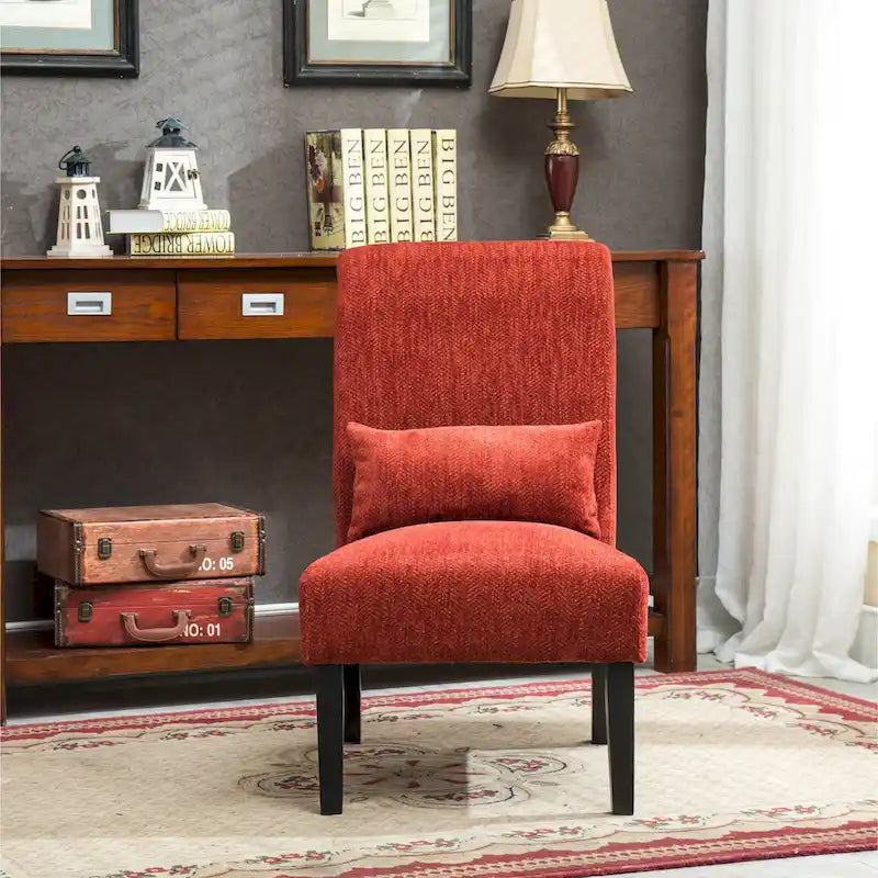 High-Back Chenille Armless Accent Chair with Kidney Pillow & Espresso Legs