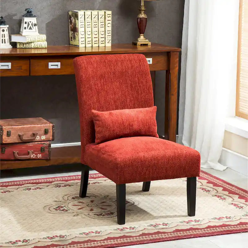 High-Back Chenille Armless Accent Chair with Kidney Pillow & Espresso Legs