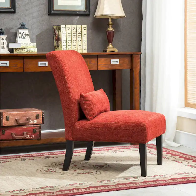 High-Back Chenille Armless Accent Chair with Kidney Pillow & Espresso Legs