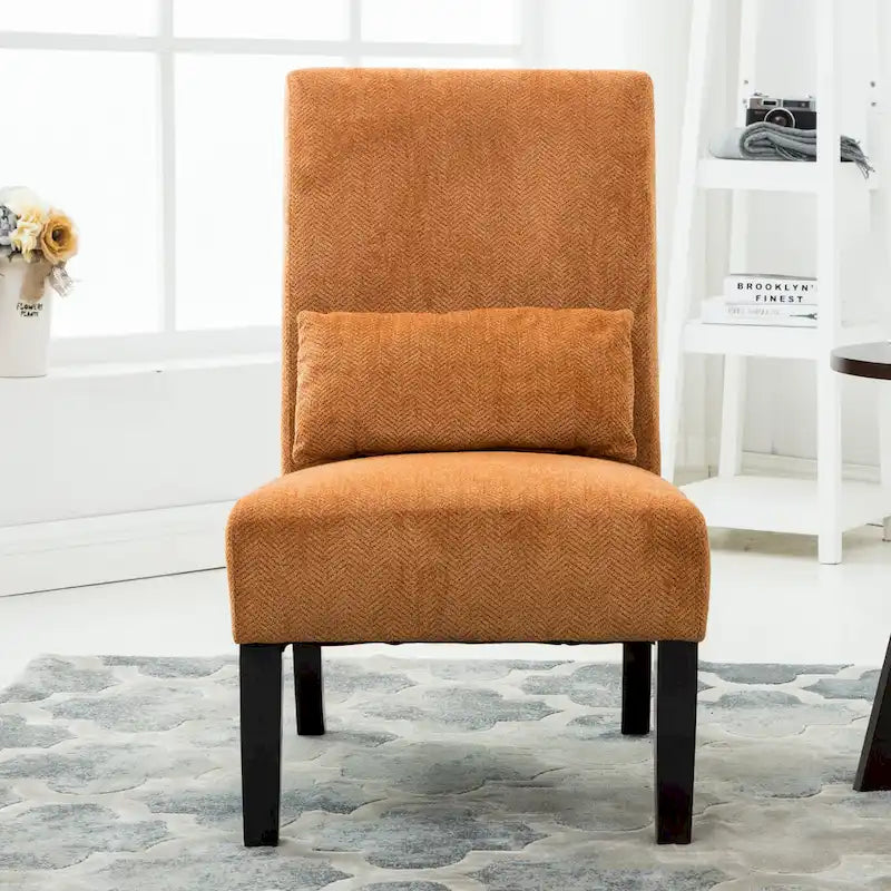 High-Back Chenille Armless Accent Chair with Kidney Pillow & Espresso Legs