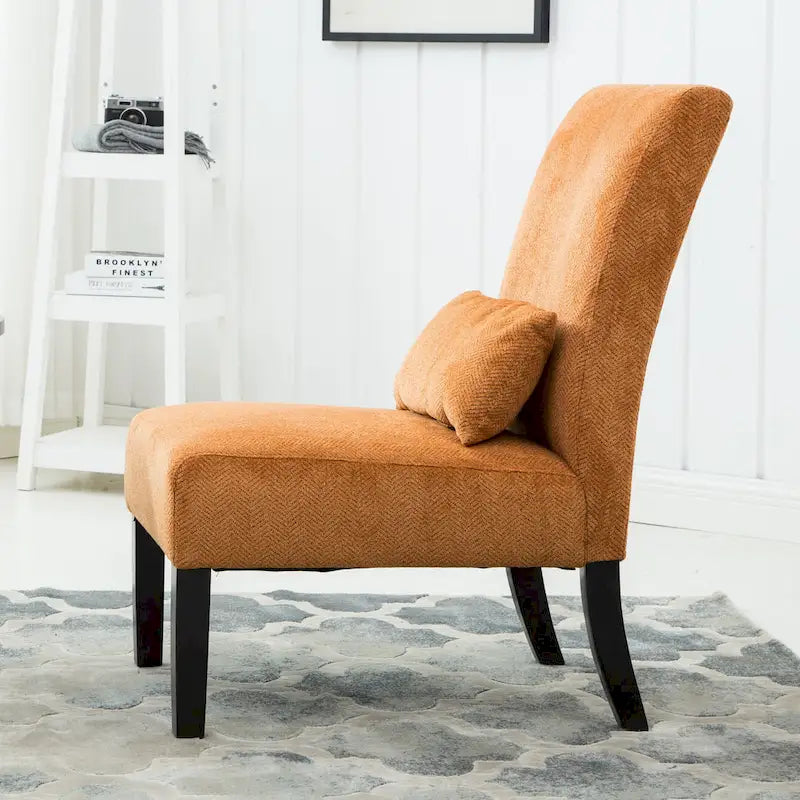 High-Back Chenille Armless Accent Chair with Kidney Pillow & Espresso Legs