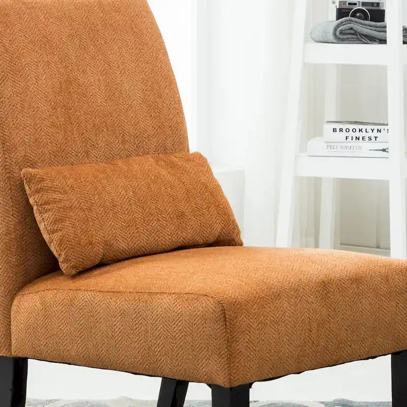 High-Back Chenille Armless Accent Chair with Kidney Pillow & Espresso Legs