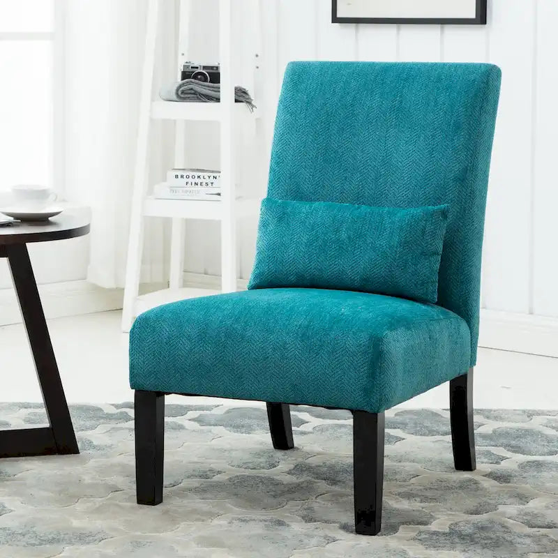 High-Back Chenille Armless Accent Chair with Kidney Pillow & Espresso Legs