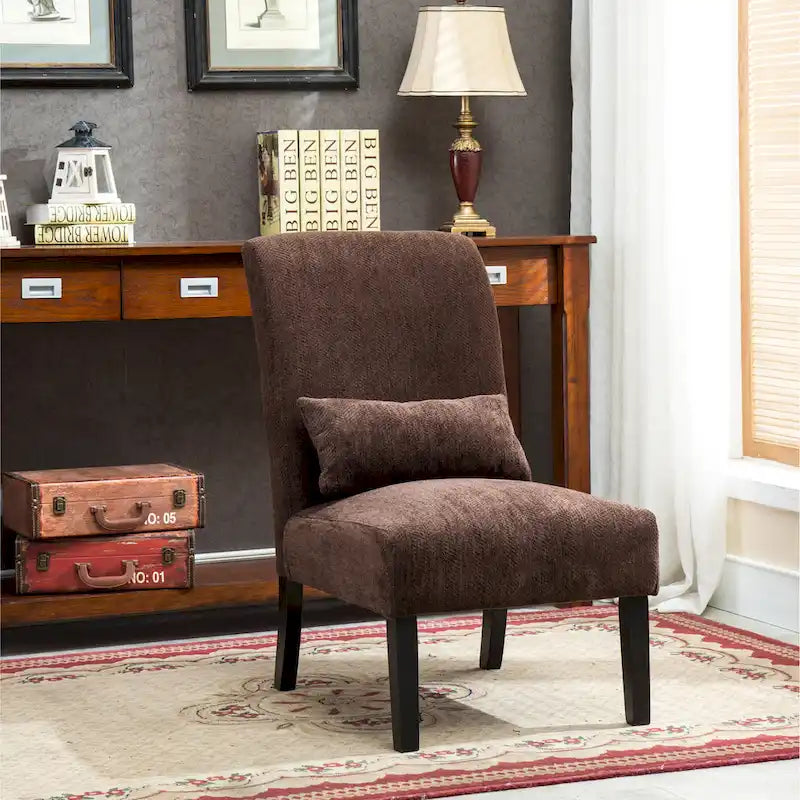 High-Back Chenille Armless Accent Chair with Kidney Pillow & Espresso Legs