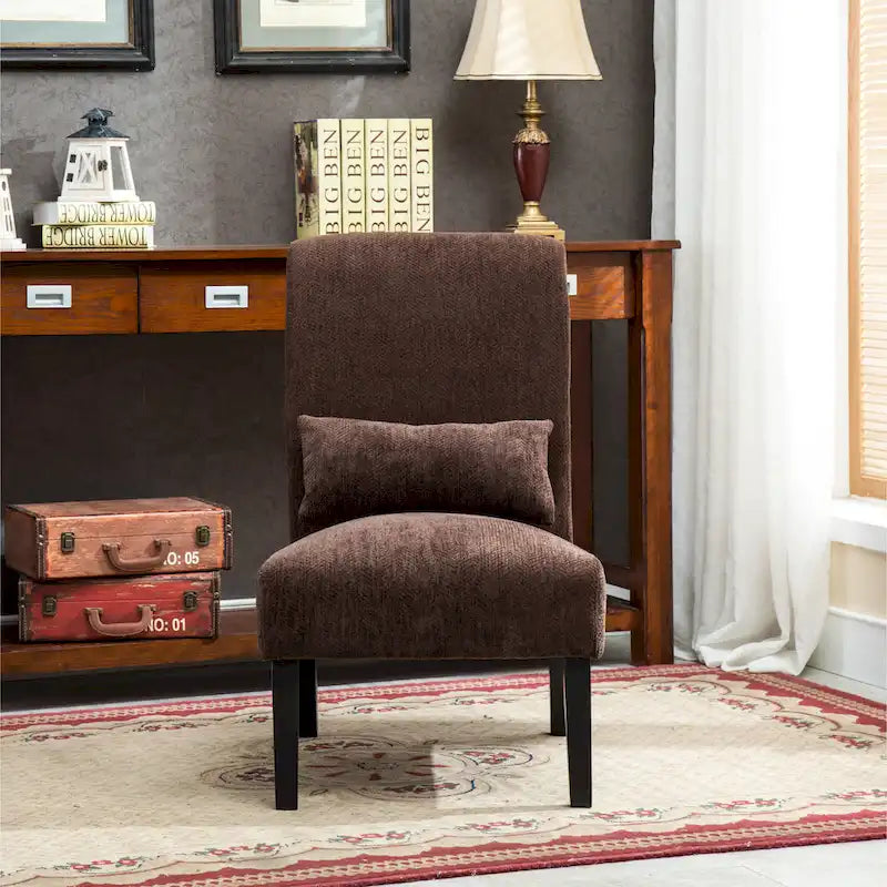 High-Back Chenille Armless Accent Chair with Kidney Pillow & Espresso Legs