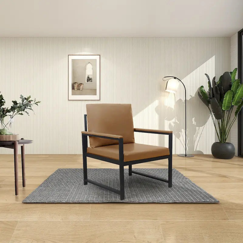 PU Leather Armchair with Loose Back Pillow & Metal Frame – Camel