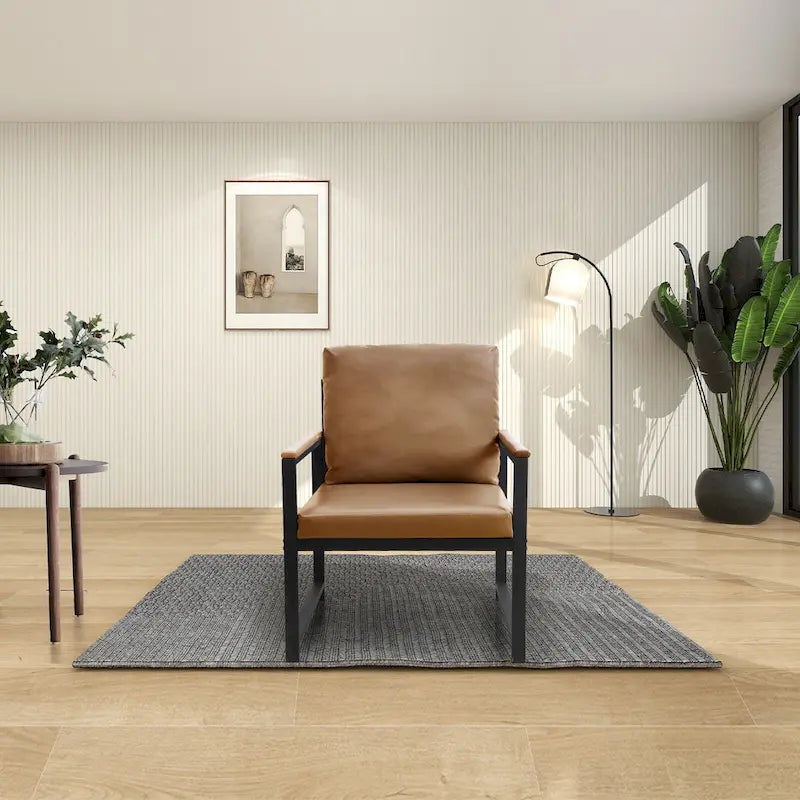 PU Leather Armchair with Loose Back Pillow & Metal Frame – Camel