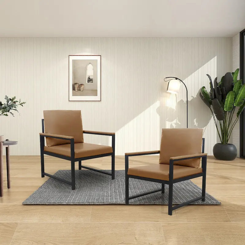 PU Leather Armchair with Loose Back Pillow & Metal Frame – Camel