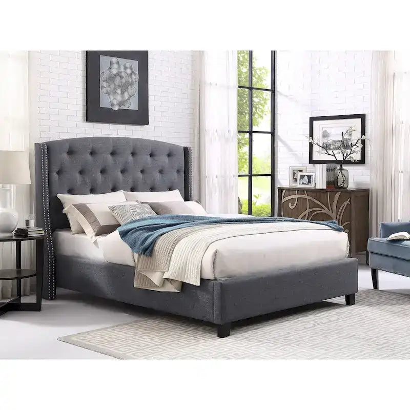 Queen Upholstered Wingback Platform Bed with Button Tufting & Nailhead Trim