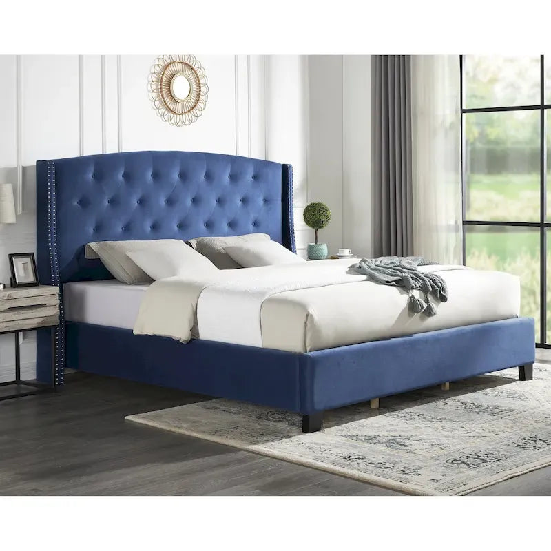Queen Upholstered Wingback Platform Bed with Button Tufting & Nailhead Trim