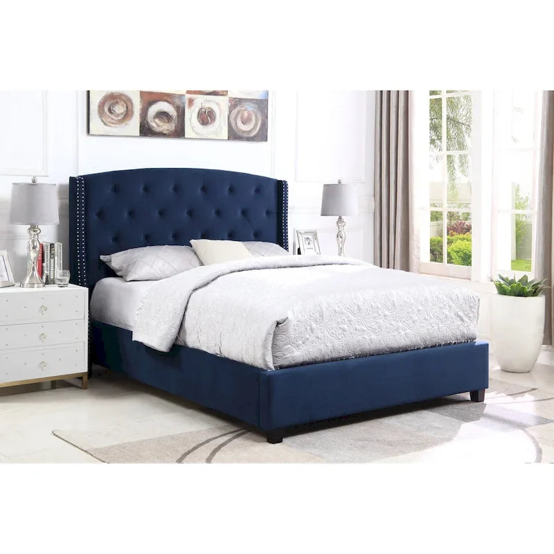 Queen Upholstered Wingback Platform Bed with Button Tufting & Nailhead Trim