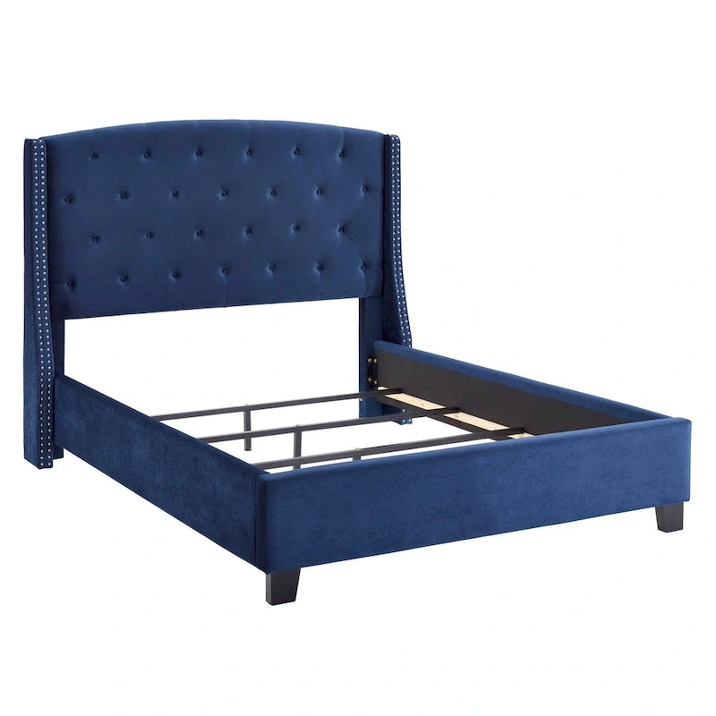 Queen Upholstered Wingback Platform Bed with Button Tufting & Nailhead Trim