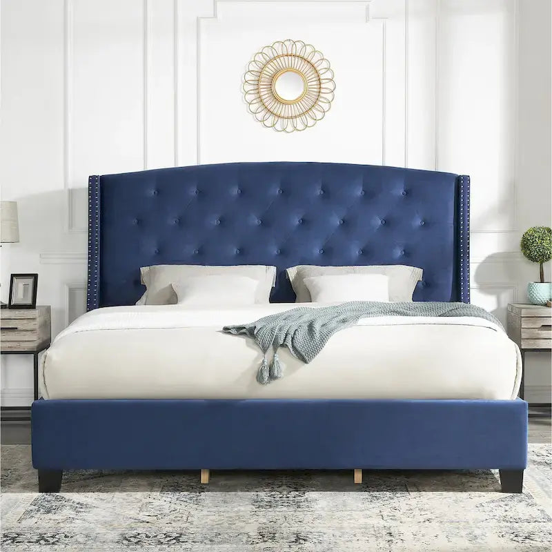 Queen Upholstered Wingback Platform Bed with Button Tufting & Nailhead Trim