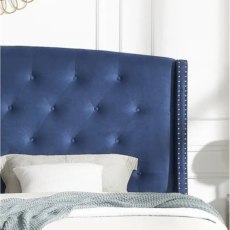 Queen Upholstered Wingback Platform Bed with Button Tufting & Nailhead Trim