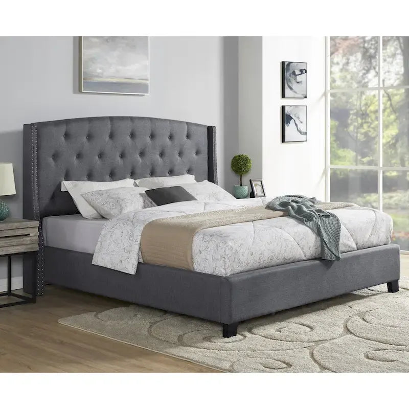 Queen Upholstered Wingback Platform Bed with Button Tufting & Nailhead Trim