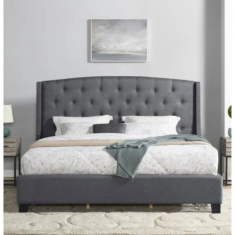 Queen Upholstered Wingback Platform Bed with Button Tufting & Nailhead Trim