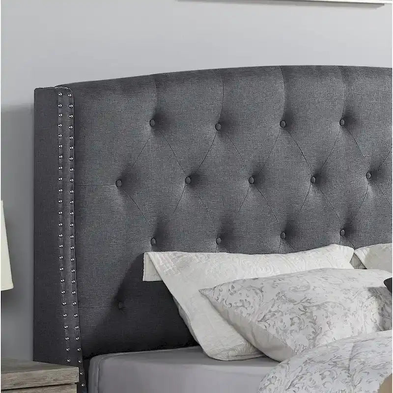 Queen Upholstered Wingback Platform Bed with Button Tufting & Nailhead Trim
