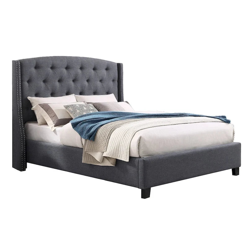 Queen Upholstered Wingback Platform Bed with Button Tufting & Nailhead Trim