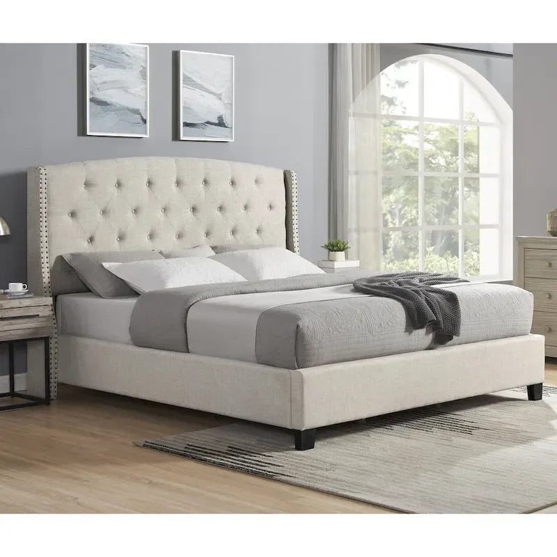 Queen Upholstered Wingback Platform Bed with Button Tufting & Nailhead Trim