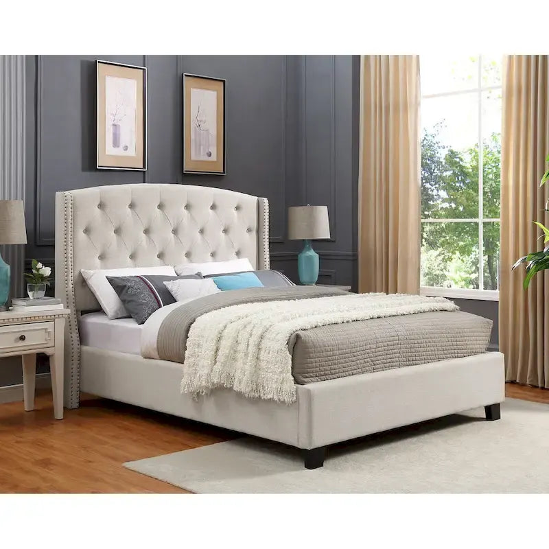 Queen Upholstered Wingback Platform Bed with Button Tufting & Nailhead Trim
