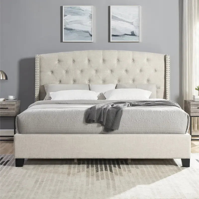 Queen Upholstered Wingback Platform Bed with Button Tufting & Nailhead Trim