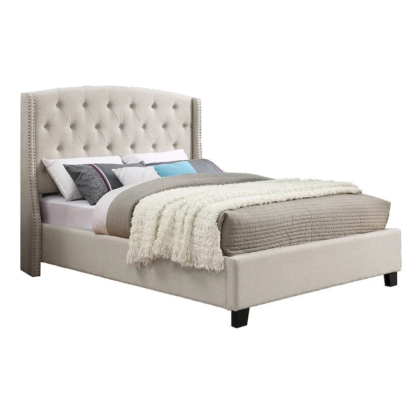 Queen Upholstered Wingback Platform Bed with Button Tufting & Nailhead Trim