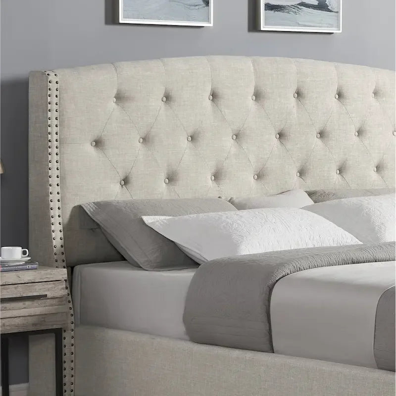 Queen Upholstered Wingback Platform Bed with Button Tufting & Nailhead Trim