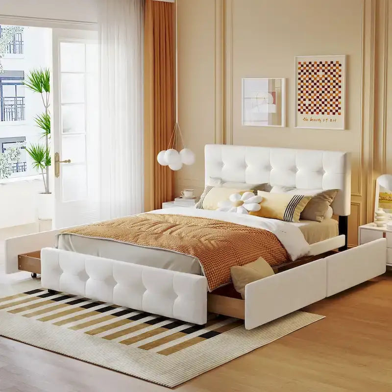Queen Size Linen Button-Tufted Upholstered Platform Bed with 4 Storage Drawers - No Box Spring Required