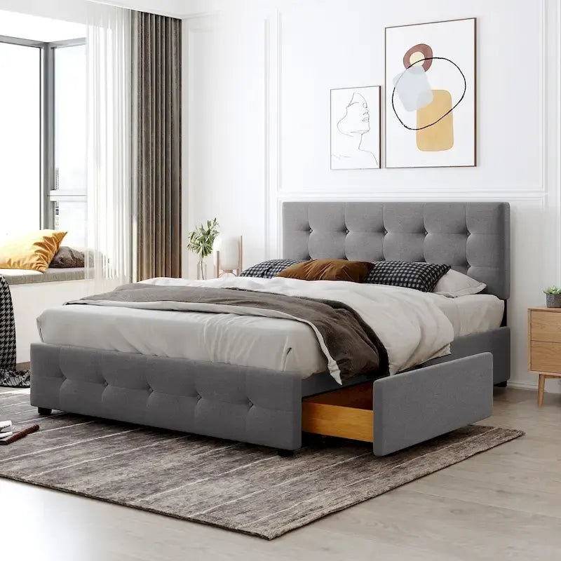 Queen Size Linen Button-Tufted Upholstered Platform Bed with 4 Storage Drawers - No Box Spring Required