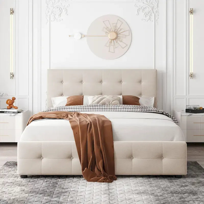 Queen Size Linen Button-Tufted Upholstered Platform Bed with 4 Storage Drawers - No Box Spring Required