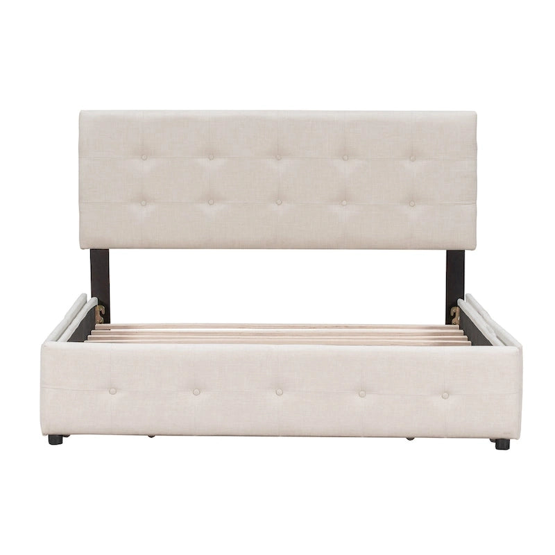 Queen Size Linen Button-Tufted Upholstered Platform Bed with 4 Storage Drawers - No Box Spring Required