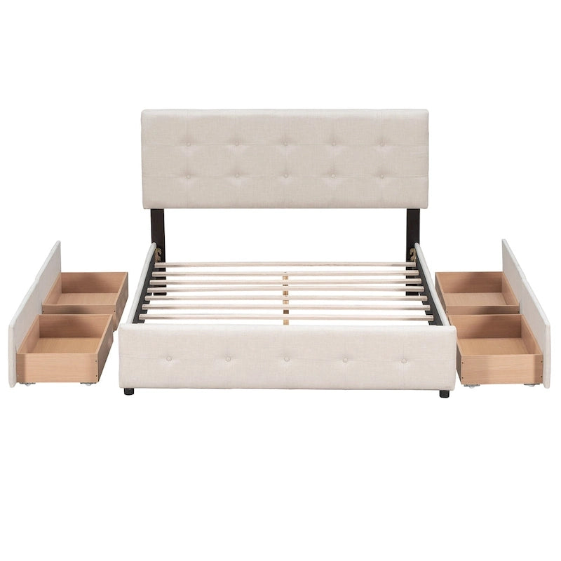 Queen Size Linen Button-Tufted Upholstered Platform Bed with 4 Storage Drawers - No Box Spring Required