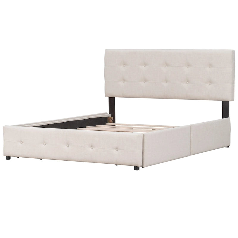 Queen Size Linen Button-Tufted Upholstered Platform Bed with 4 Storage Drawers - No Box Spring Required