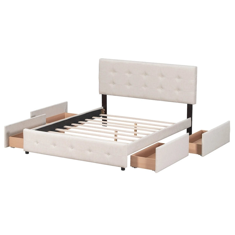 Queen Size Linen Button-Tufted Upholstered Platform Bed with 4 Storage Drawers - No Box Spring Required