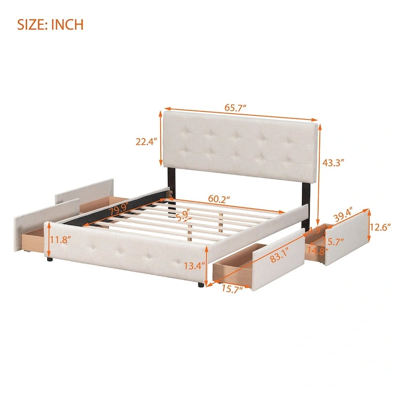 Queen Size Linen Button-Tufted Upholstered Platform Bed with 4 Storage Drawers - No Box Spring Required
