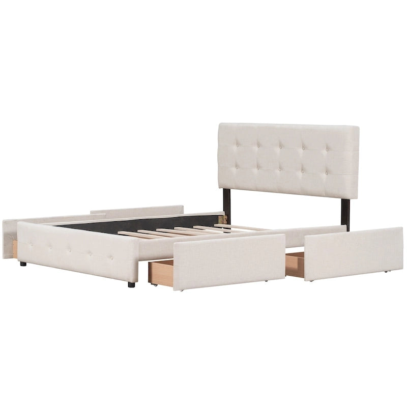 Queen Size Linen Button-Tufted Upholstered Platform Bed with 4 Storage Drawers - No Box Spring Required