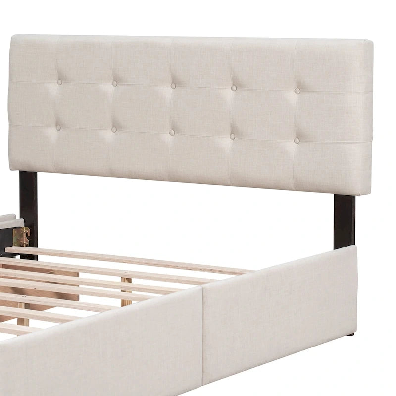 Queen Size Linen Button-Tufted Upholstered Platform Bed with 4 Storage Drawers - No Box Spring Required