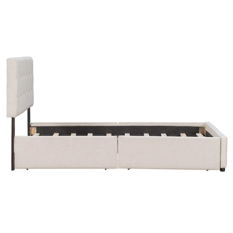 Queen Size Linen Button-Tufted Upholstered Platform Bed with 4 Storage Drawers - No Box Spring Required
