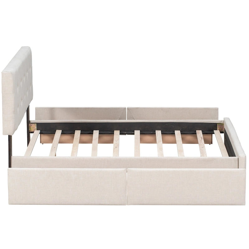 Queen Size Linen Button-Tufted Upholstered Platform Bed with 4 Storage Drawers - No Box Spring Required