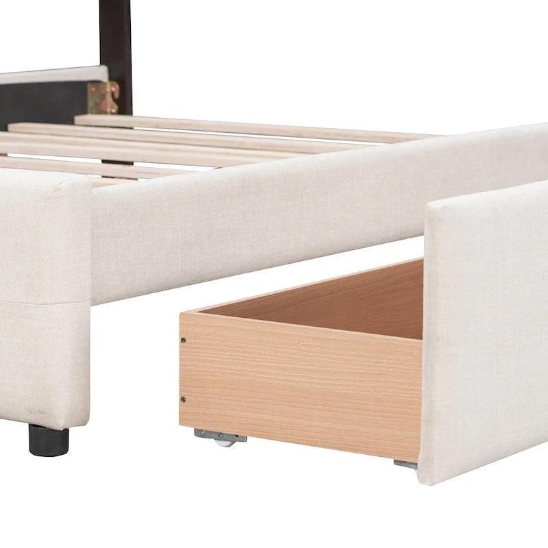 Queen Size Linen Button-Tufted Upholstered Platform Bed with 4 Storage Drawers - No Box Spring Required