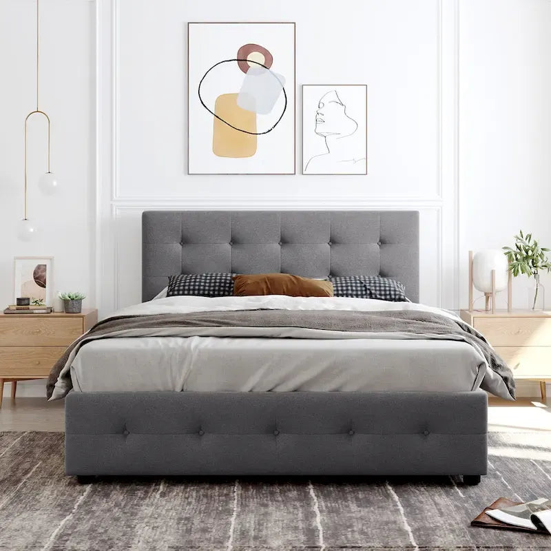 Queen Size Linen Button-Tufted Upholstered Platform Bed with 4 Storage Drawers - No Box Spring Required