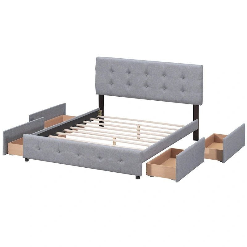 Queen Size Linen Button-Tufted Upholstered Platform Bed with 4 Storage Drawers - No Box Spring Required