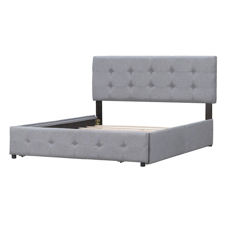 Queen Size Linen Button-Tufted Upholstered Platform Bed with 4 Storage Drawers - No Box Spring Required