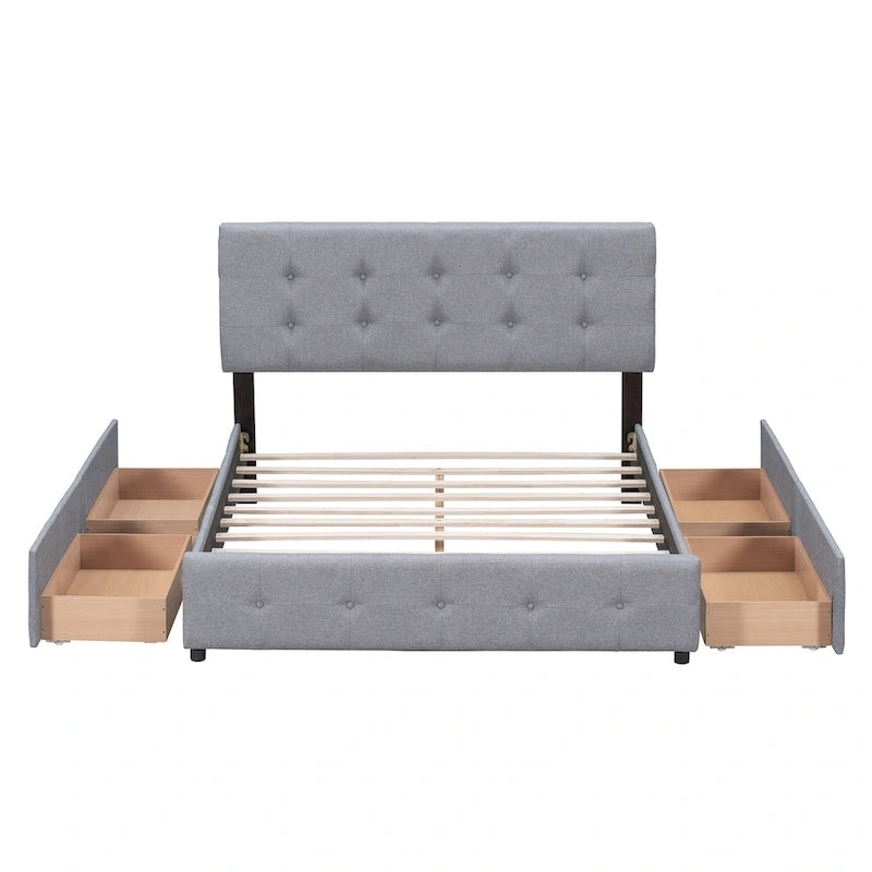 Queen Size Linen Button-Tufted Upholstered Platform Bed with 4 Storage Drawers - No Box Spring Required