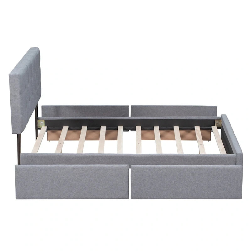 Queen Size Linen Button-Tufted Upholstered Platform Bed with 4 Storage Drawers - No Box Spring Required