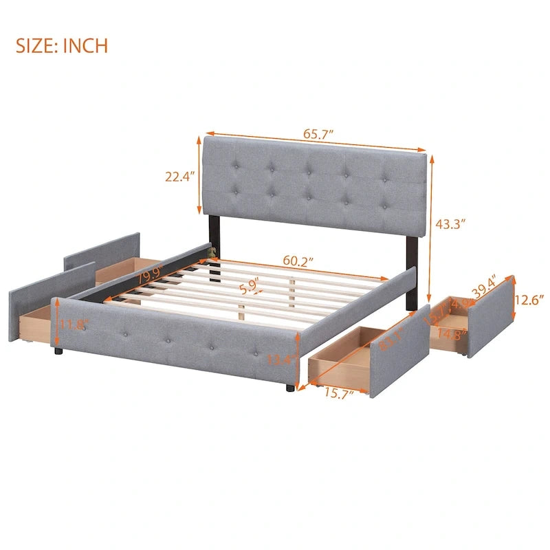 Queen Size Linen Button-Tufted Upholstered Platform Bed with 4 Storage Drawers - No Box Spring Required