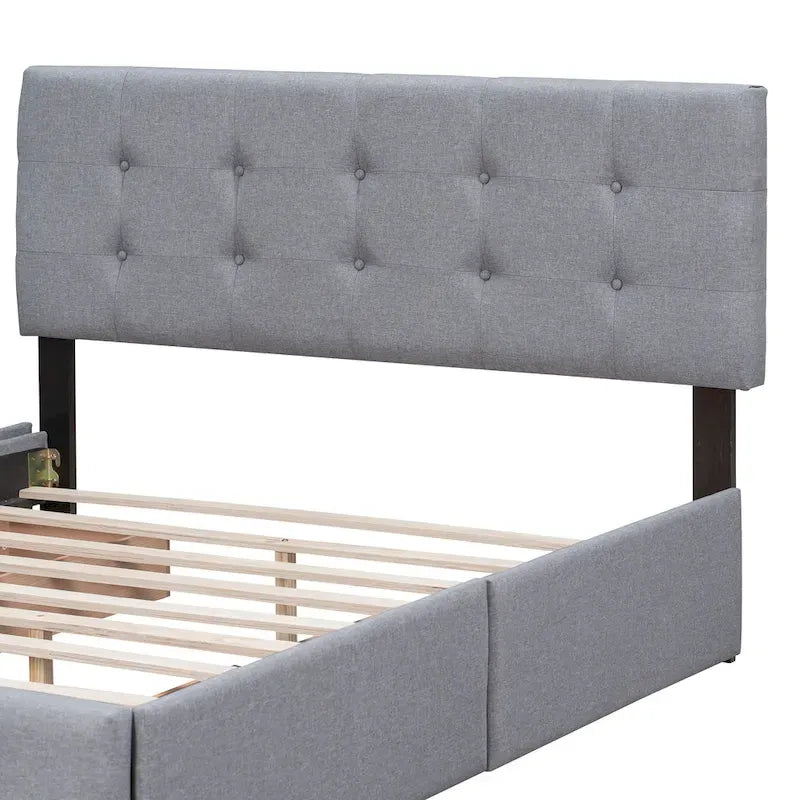 Queen Size Linen Button-Tufted Upholstered Platform Bed with 4 Storage Drawers - No Box Spring Required