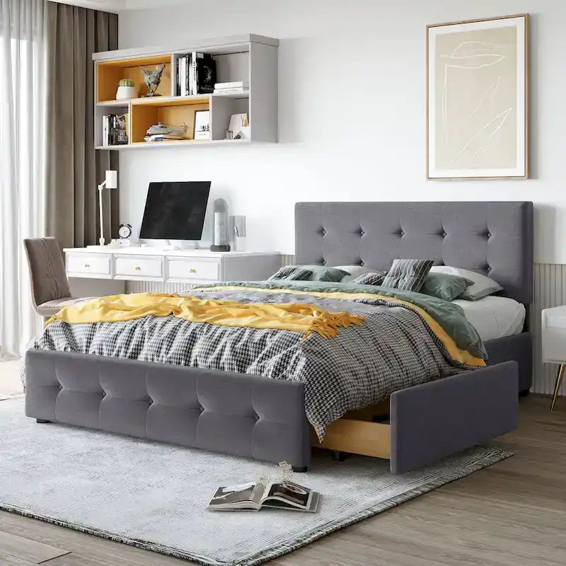 Queen Size Linen Button-Tufted Upholstered Platform Bed with 4 Storage Drawers - No Box Spring Required