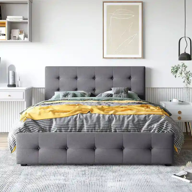 Queen Size Linen Button-Tufted Upholstered Platform Bed with 4 Storage Drawers - No Box Spring Required