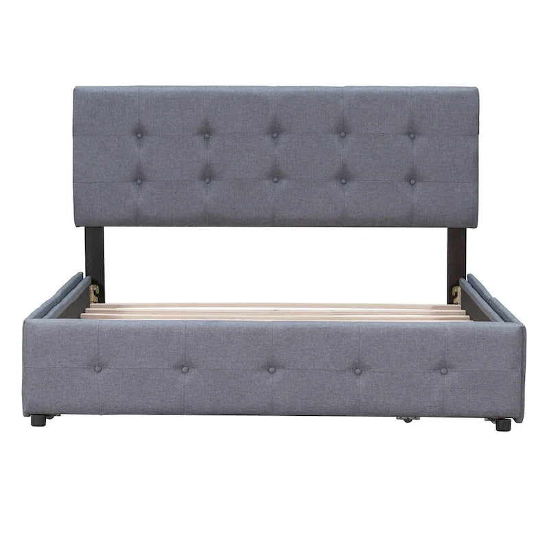 Queen Size Linen Button-Tufted Upholstered Platform Bed with 4 Storage Drawers - No Box Spring Required